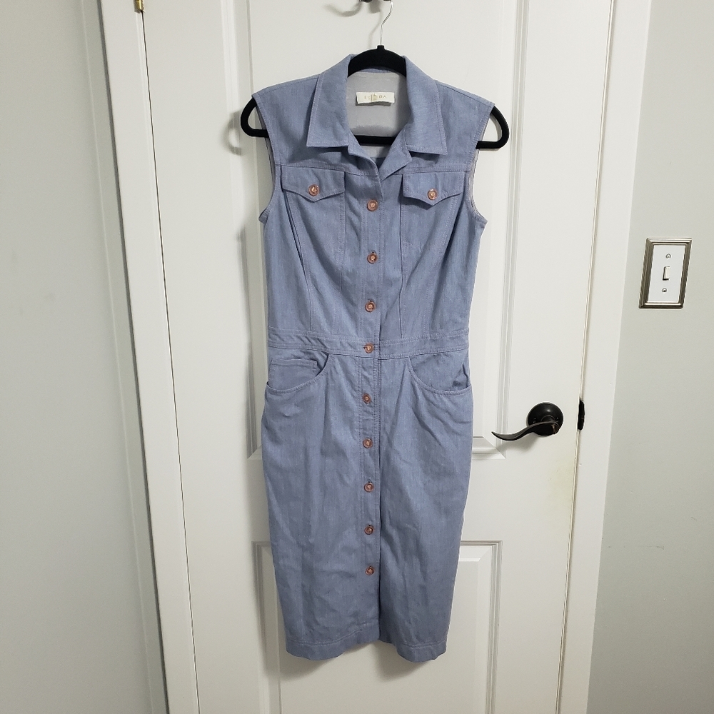 ESCADA Vintage Denim Floral Embroidered Bodycon Dress
